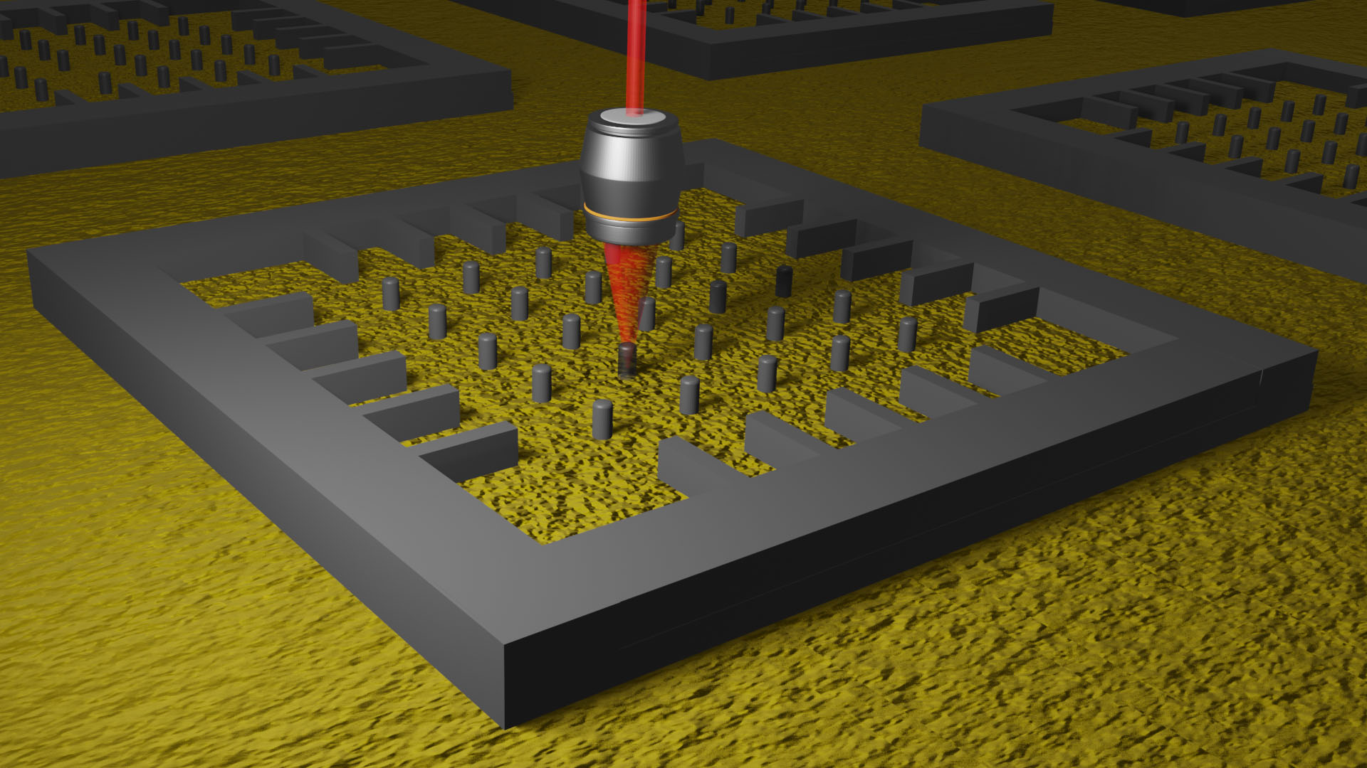 using an objective lens to test the light output from an array of silicon nanopillars on a chip