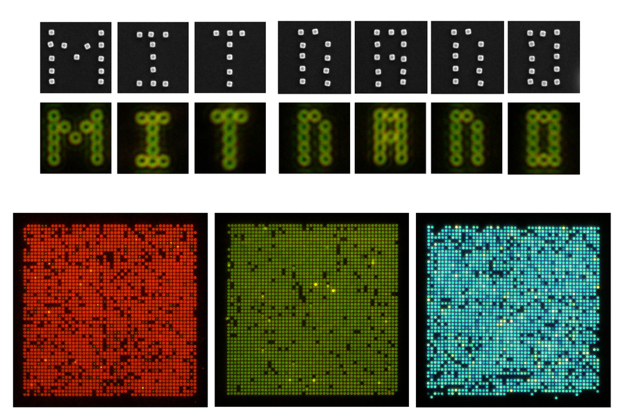 These images show nanoparticles (colored dots) that have been precisely arranged onto different surfaces
