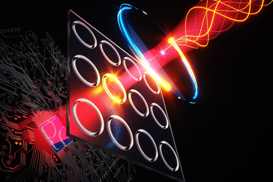 Illustration shows terahertz illumination (yellow curves at top right) entering the new camera system, where it stimulates quantum dots inside nanoscale holes (shown as illuminated rings) to emit visible light