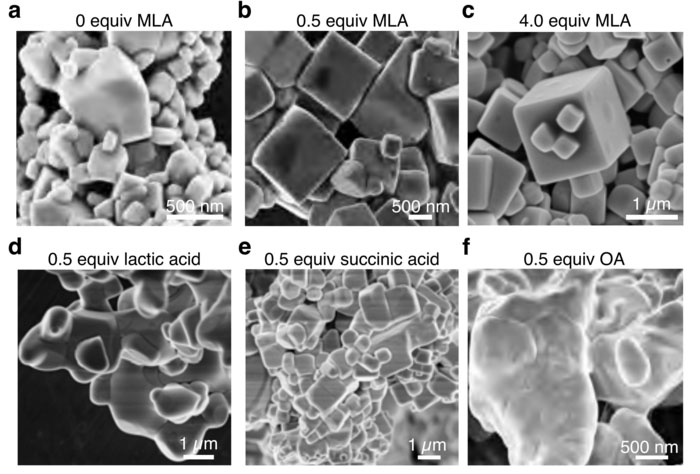 Electron microscope images of experimental samples using different chemical combinations