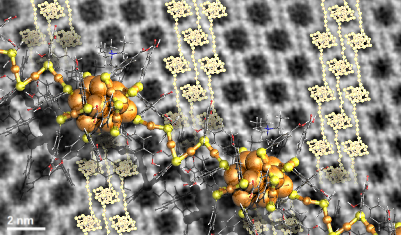 Electron microscopy image (background) of an ordered crystal consisting of 25-atom gold clusters