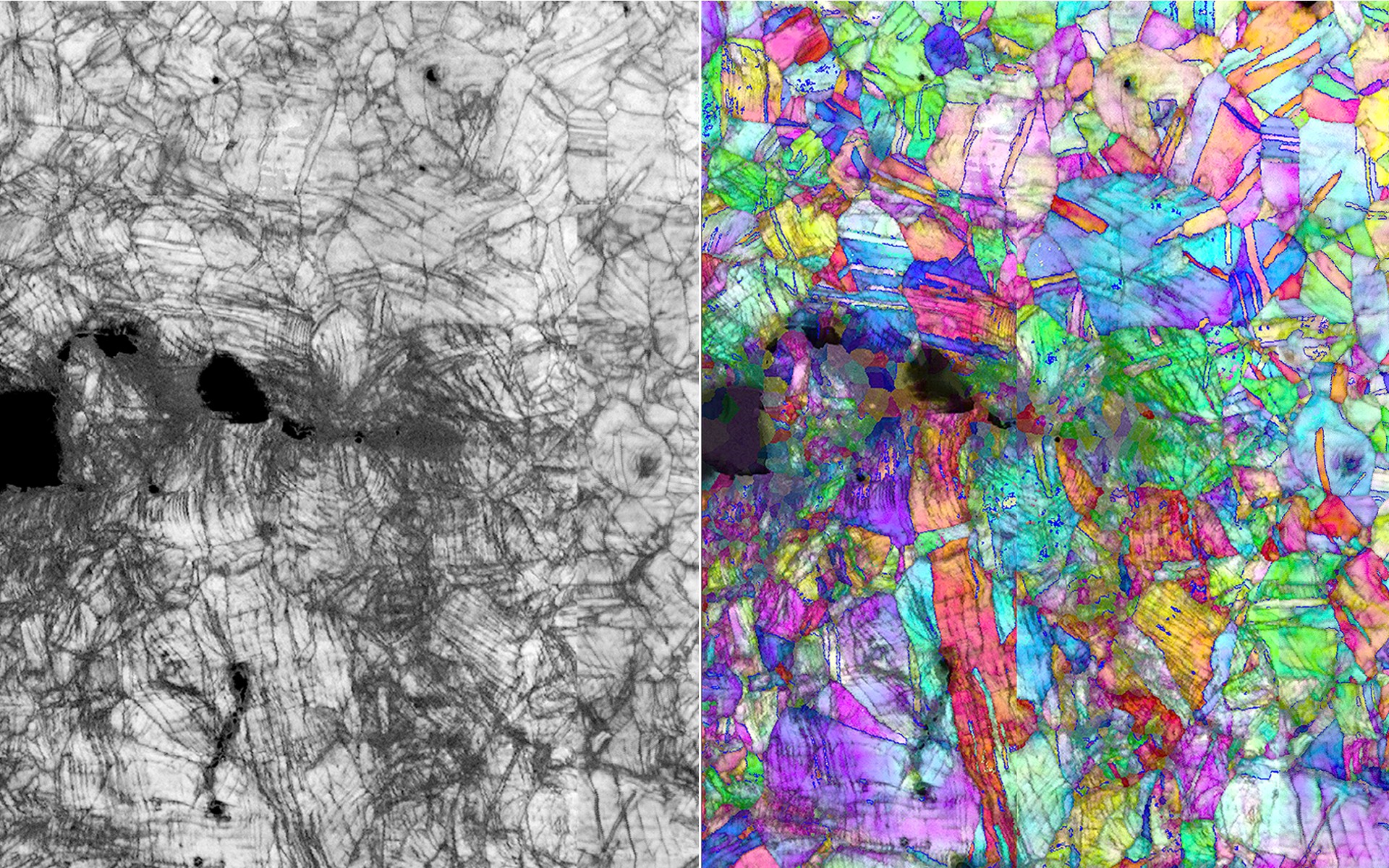 Microscopy-generated images showing the path of a fracture and accompanying crystal structure deformation