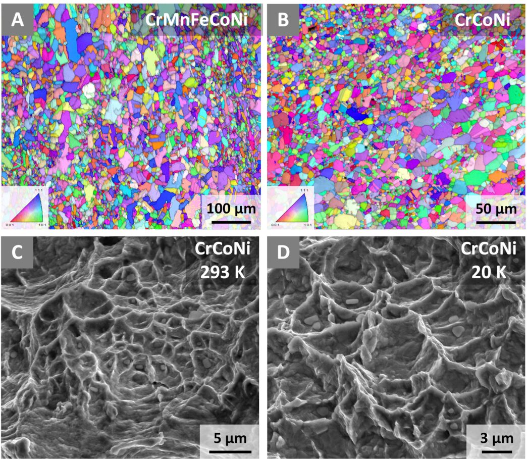 These images, generated from scanning electron microscopy, show the grain structures and crystal lattice orientations of CrMnFeCoNi and CrCoNi alloys