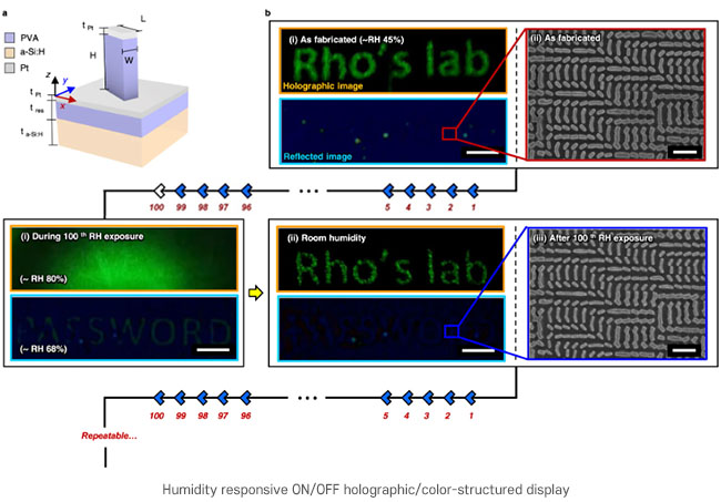 Humidity-responsive ON/OFF holographic color-structured display