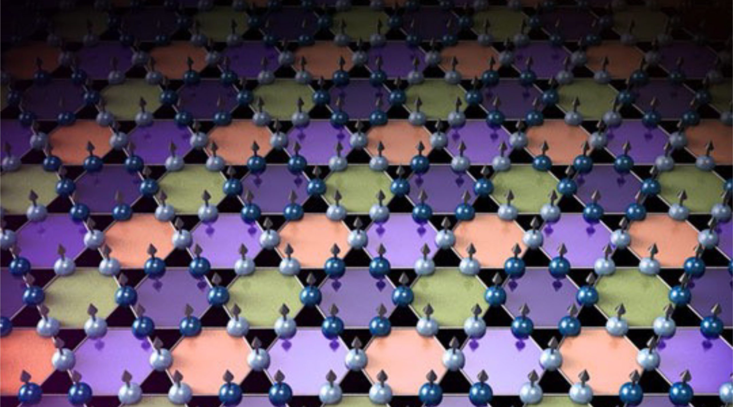 Artistic rendering of a charge density wave (diagonal lines suggested by colors) in a magnetic iron-germanium (FeGe) crystal