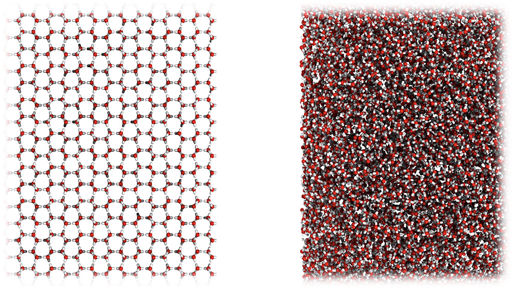Ordinary crystalline ice (left) and MDA (right) at the atomic-scale