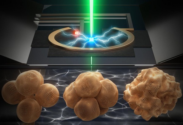 Artist’s rendering of a copper nanoparticle as it evolves during CO2 electrolysis
