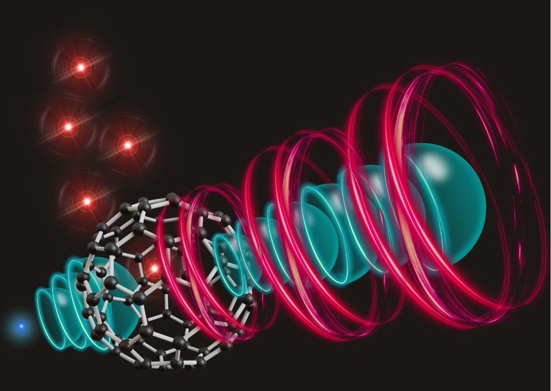 An artist’s rendering of a fullerene switch with incoming electron and incident red laser light pulses