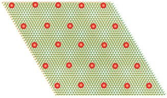 Schematic of the moiré superlattice formed between tungsten diselenide and tungsten disulfide, filled with one charge carrier per moiré unit cell