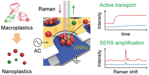 Raman-spectroscopy-based nanoplastic detection using the electric-optical tweezer and via surface-enhanced Raman scattering and the subsequent amplification of optical signals as well as the reduction of the accumulation time