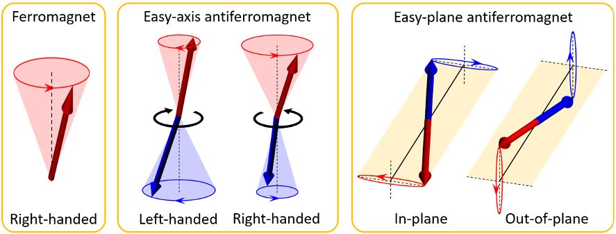 Coherent spin dynamics (magnon modes) of a ferromagnet (right-handed mode), an easy-axis collinear antiferromagnet (left-handed and right-handed modes), and an easy-plane collinear antiferromagnet (in-plane and out-of-plane modes)