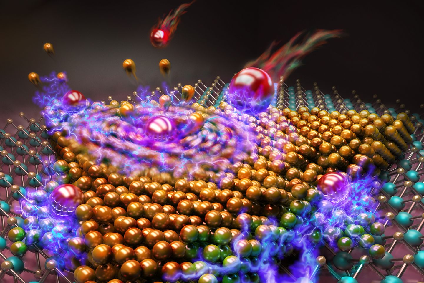 Highly charged ions hit tiny gold nuggets on an insulating surface