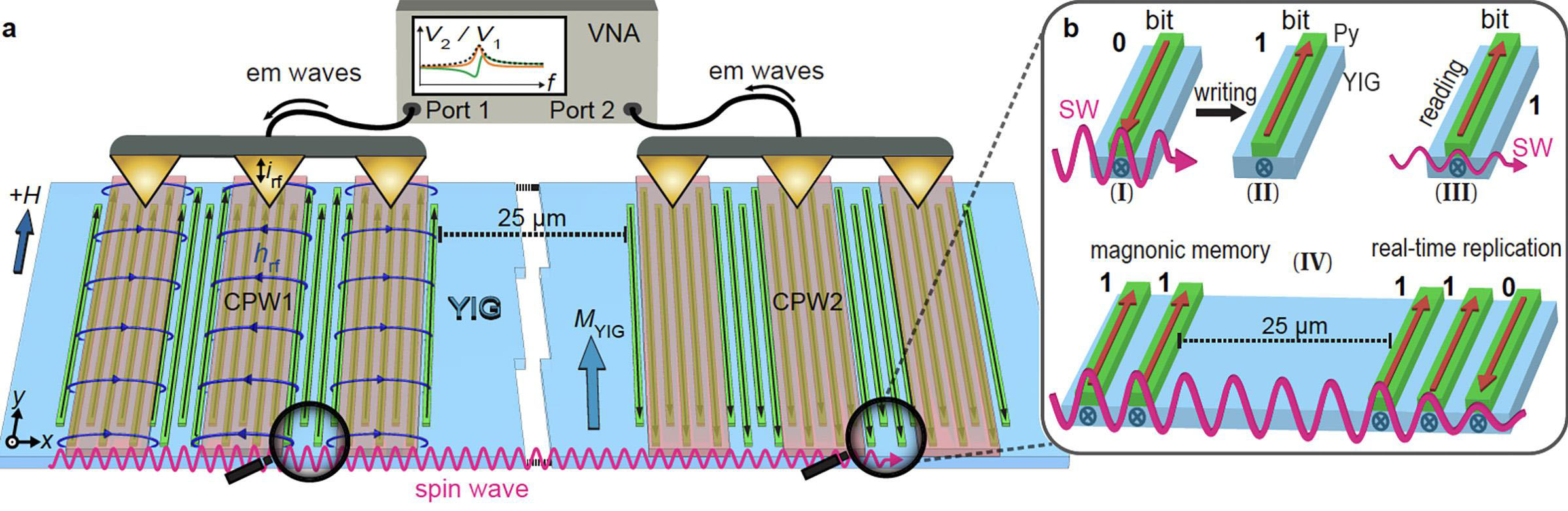 Experimental setup depicting the ferrimagnetic insulator yttrium iron garnet (YIG) wafer with nanomagnetic strips