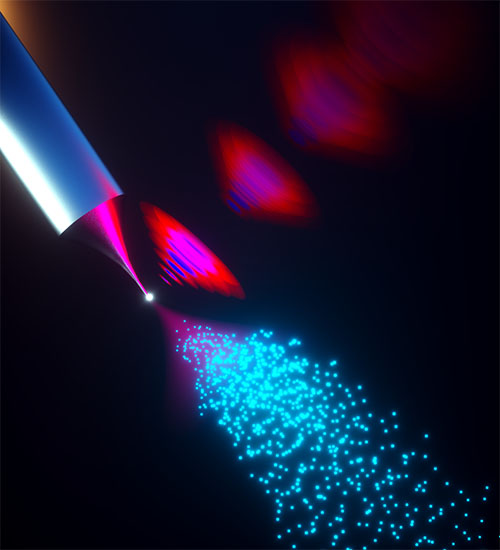 trong laser pulses (red in the graphic) are superimposed with pulses of double the light frequency (blue).