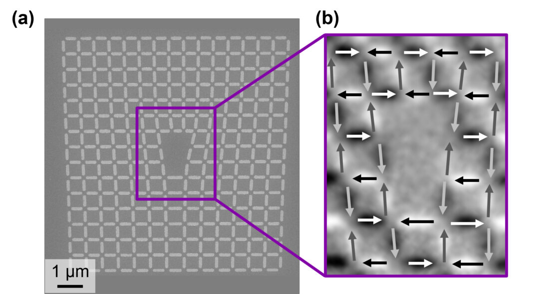 (a) A scanning electron microscope image of the nanomagnet array with a topological defect. (b) The magnetic configuration, measured using PEEM XMCD, shows the antiferromagnetic ordering of the lattice