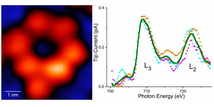 An image of a ring shaped supramolecule where only one Fe atom is present in the entire ring and (Right) X-ray signature of just one Fe atom