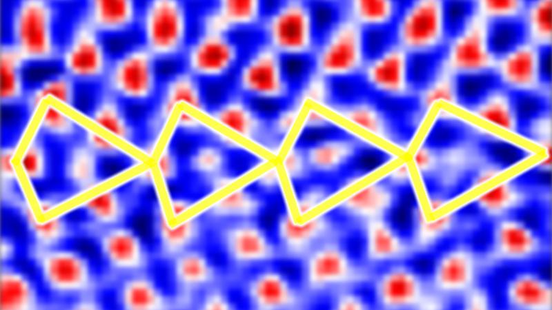 Transmission electron microscopy image resolving even light atoms (here: boron and carbon) as interstitial atoms in the centre of the atomic motif