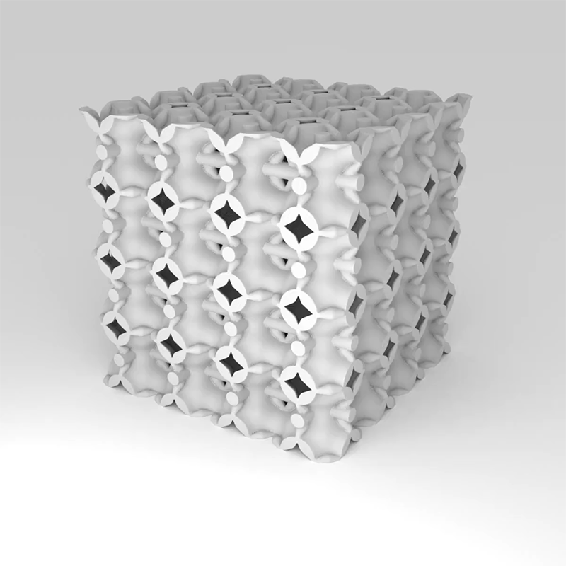 A gray 4x4x4 cube, consisting of connected beams and shapes, rotates infinitely in an animation upon a grayish-white background