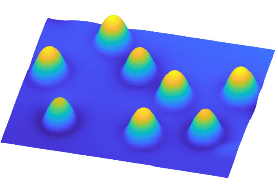 Scanning tunneling microscopy image of a surface with individual atoms