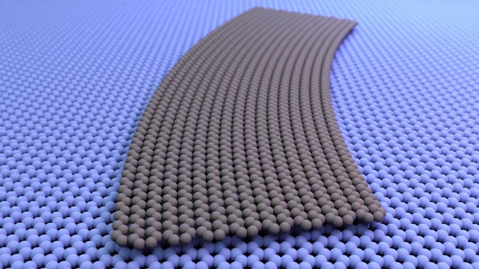 A curved graphene ribbon, illustrated in grey, shown laid flat against another graphene sheet