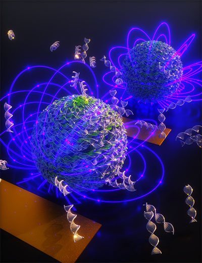 Artistic depiction of the electric detection of a DNA nanoball
