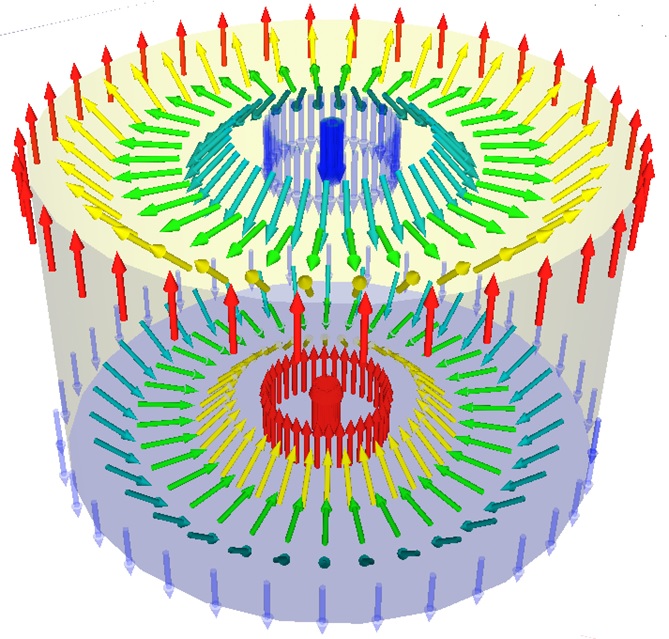 Two skyrmions antiferromagnetically coupled: The spin in the center and the outside spins are antiparallel to each other