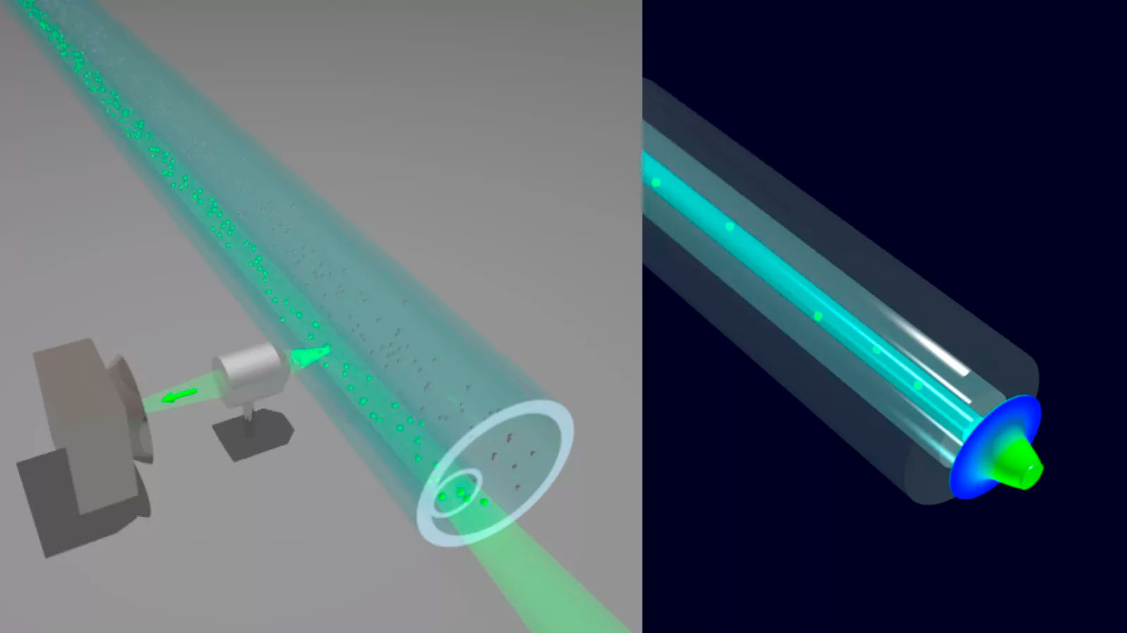 Complex nanostructuring in optical fibers ensures the shaping of the new light mode (left) and allows the detection of even the smallest particles (right)