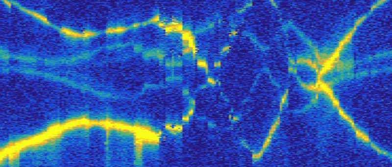 Image of the detection of a nanoscale magnetic texture sweeping past a diamond nanoparticle quantum sensor. Yellow lines show nitrogen-vacancy spin transition frequencies as a magnetic vortex core passes close to the sensor.