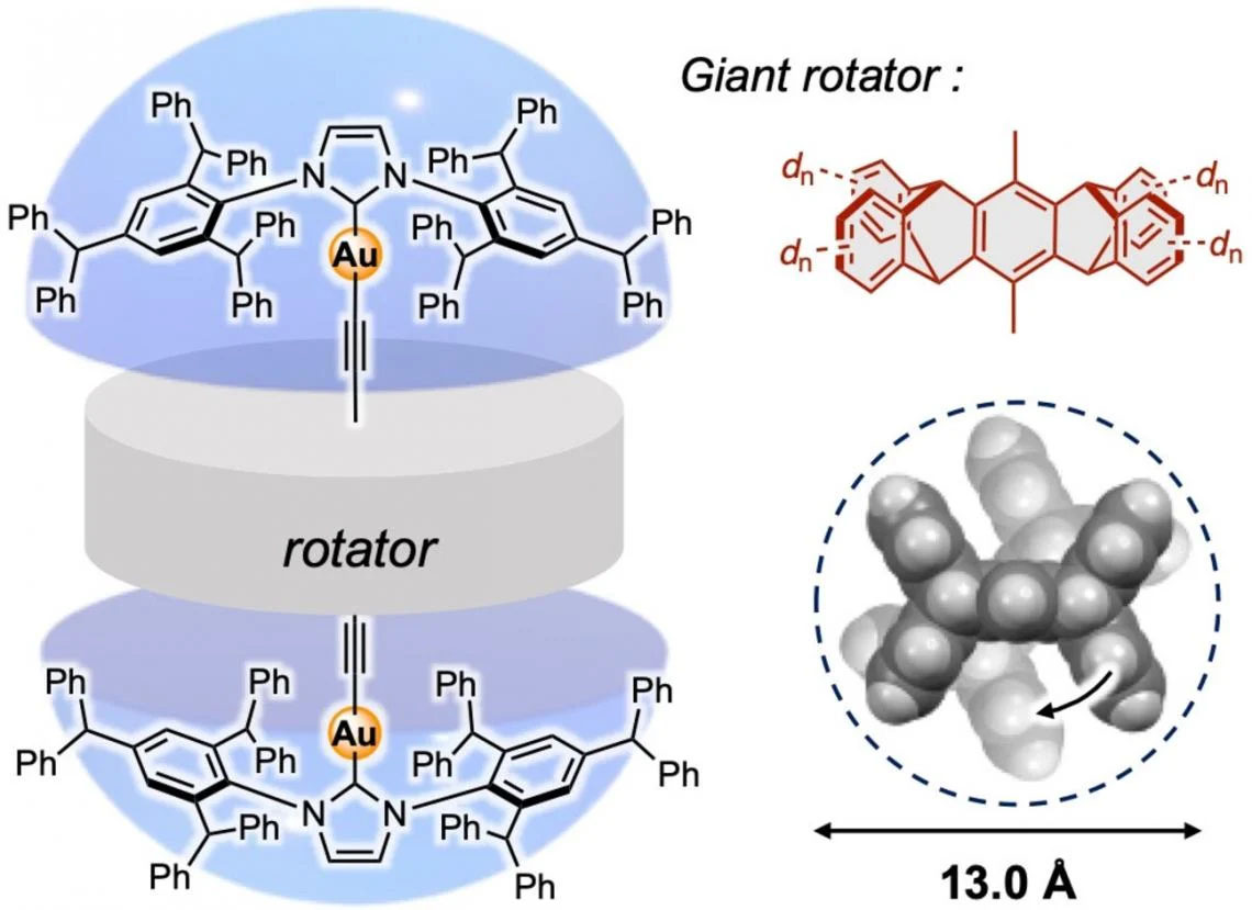 (Left) Depiction of the giant molecular rotor attached to umbrella-like metal complexes. (Right) Side view and top view of the molecular rotor, showing its structure, size and rotation direction