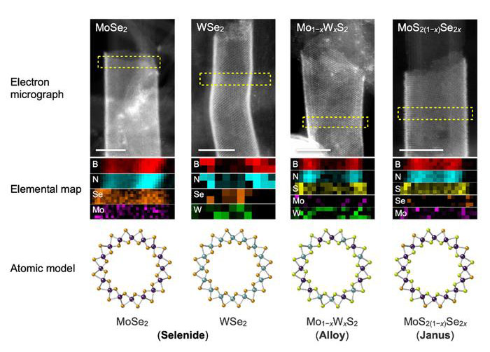 Imágenes de microscopía electrónica de nanoestructuras TMD recientemente realizadas (arriba), distribución de elementos en su sección transversal (centro) y su estructura atómica (abajo)