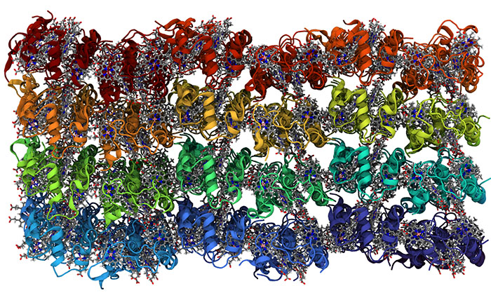 Scientific rendering of nanocrystals, each in a different color