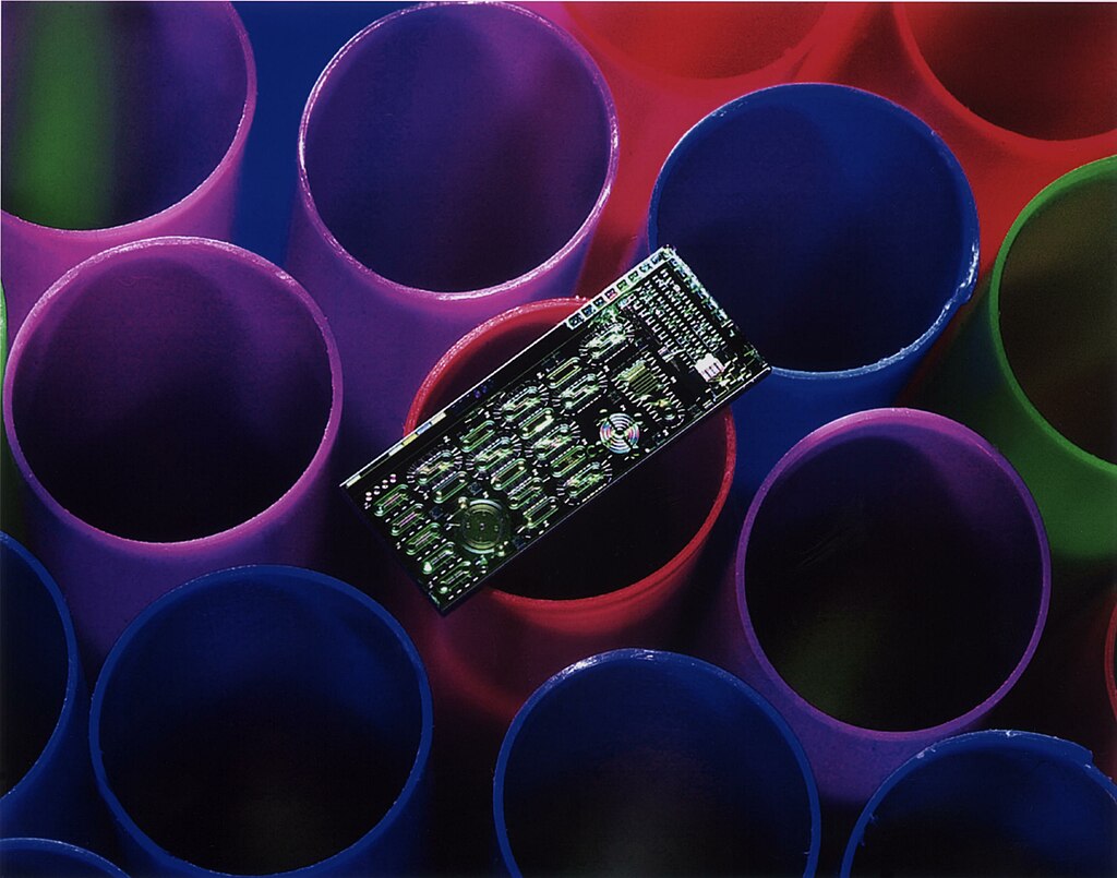 A module with eight micro-devices, complete with microfluidic channels and drive motors, resting on top of a soda straw