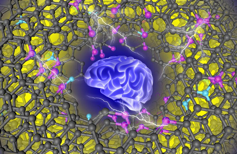 Conceptual art depicts machine learning finding an ideal material for capacitive energy storage. Its carbon framework shown in black, has functional groups with oxygen, shown in pink, and nitrogen, shown in turquoise
