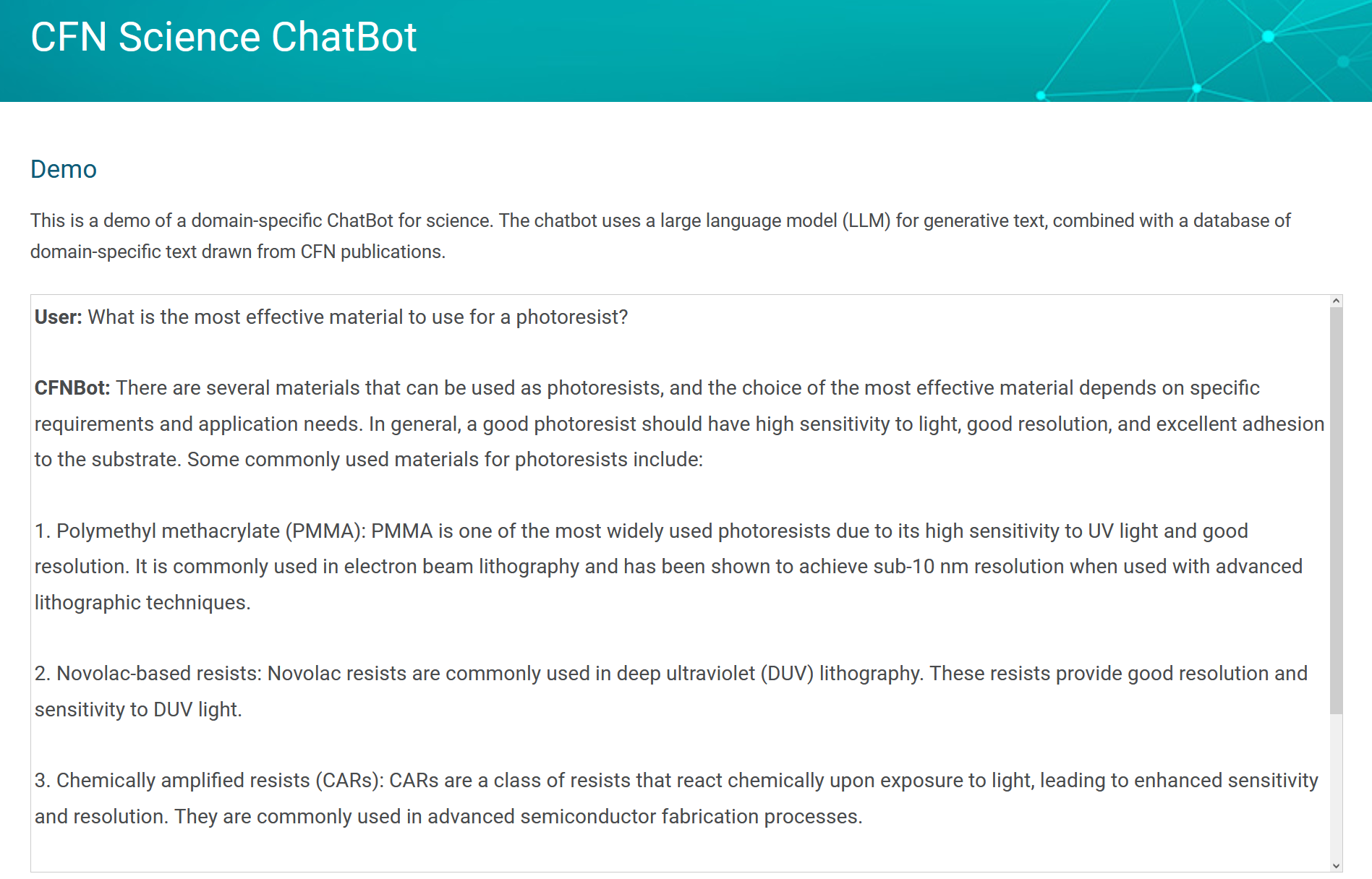 Screenshot of CFN Science Chatbot prompt and response