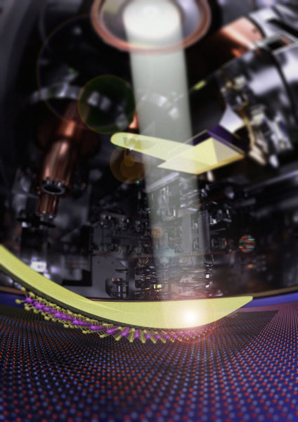 Artists impression of the (atomically precise) stamping process within the ultra-high-vacuum chamber