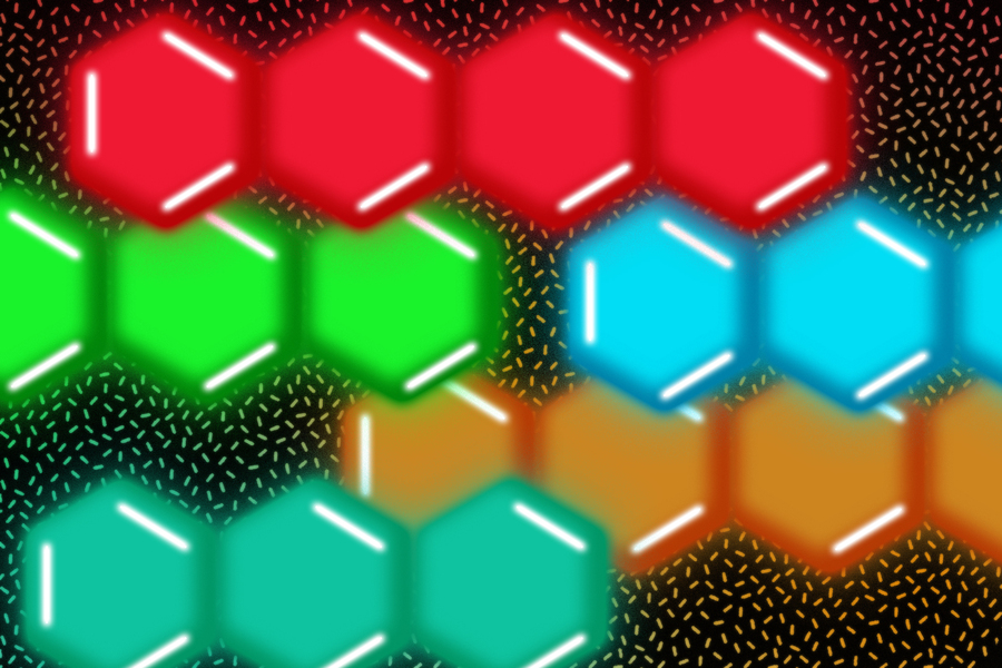 an artist’s interpretation shows stylized acenes emitting red, orange, yellow, green, and blue light
