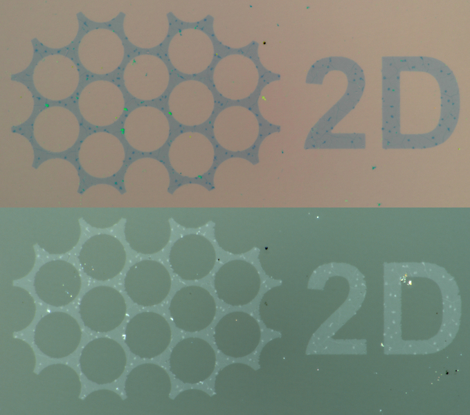 transfering patterned graphene, a one-atom-thick sheet of carbon, from a source substrate (top image), to a receiving adhesive polymer (bottom image)
