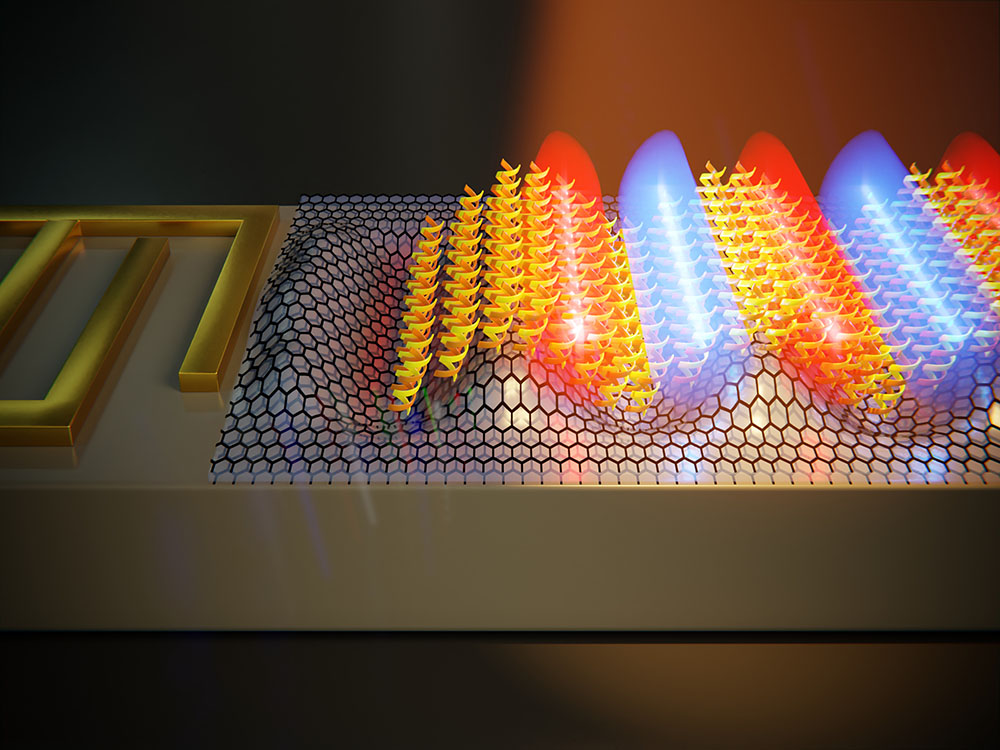 A surface acoustic wave launched by an interdigital transducer ripples the surface of the biosensor, confining light at the nanoscale to make it interact more efficiently with the molecules