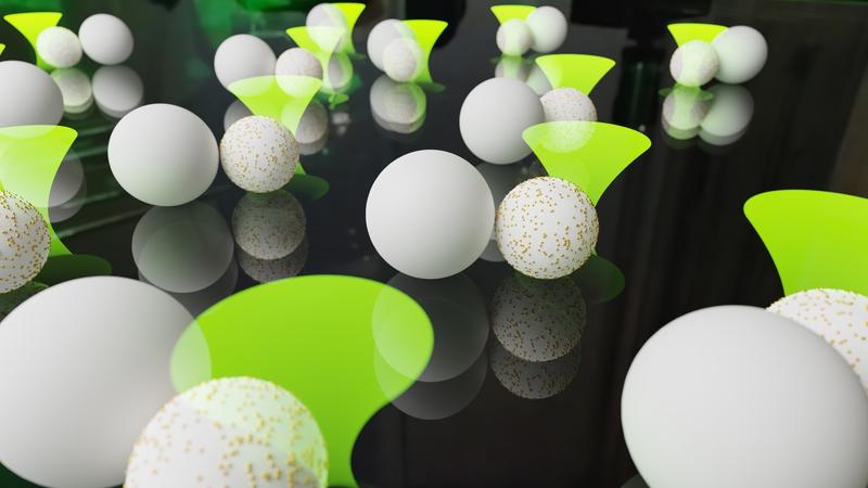 illustration of the colloidal reservoir computer: polymer- and gold-covered particles, which are controlled by a laser and perform calculations