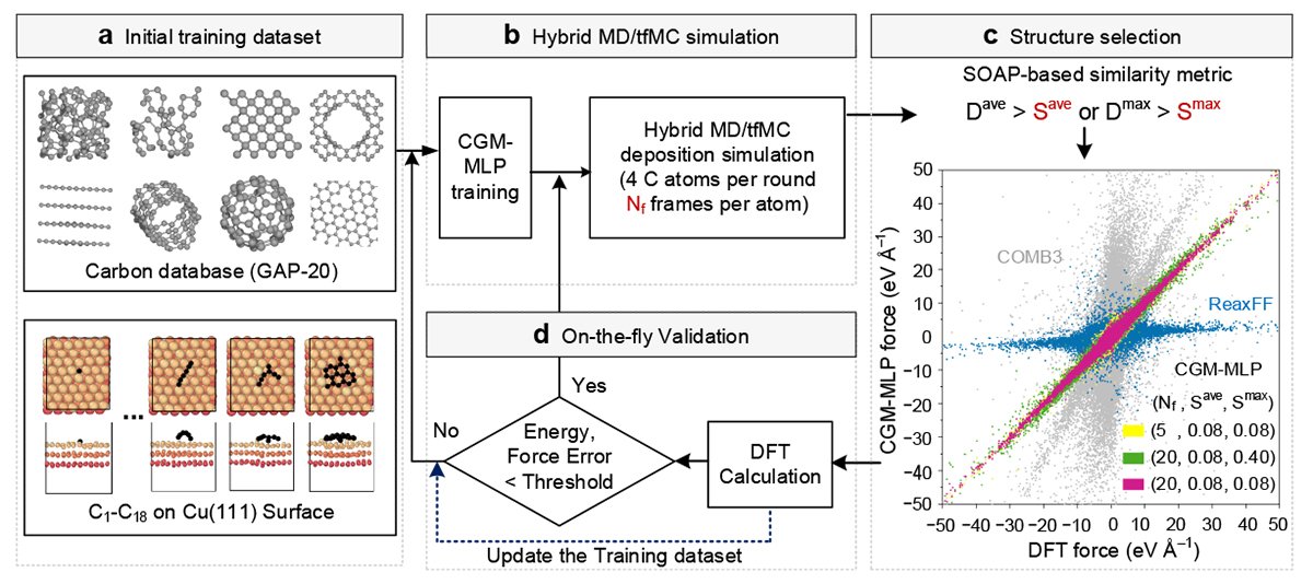 Schematic illustrations of carbon-growth-on-metal machine-learning potential (CGM-MLP) generated by active learning on-the-fly during hybrid molecular dynamics and time-stamped force-biased Monte Carlo (MD/tfMC) simulations