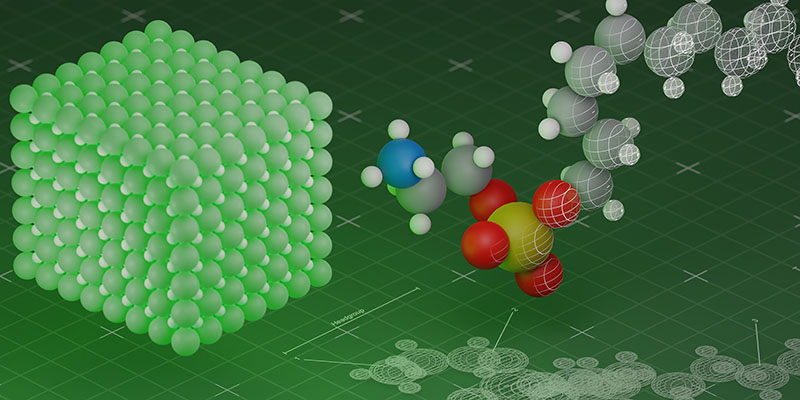 To make a quantum dot consisting of a perovskite nanocrystal (left) more efficient, researchers have created special molecules (right) that form a protective layer around the quantum dot