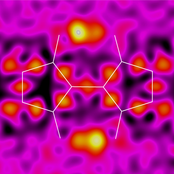 Single-crystal x-ray analysis captures the two protons (bright yellow spots, top and bottom) moving between two positions on the molecule