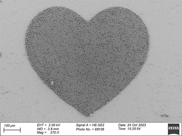 AFM image of microparticles controlledly printed in the shape of a heart icon.