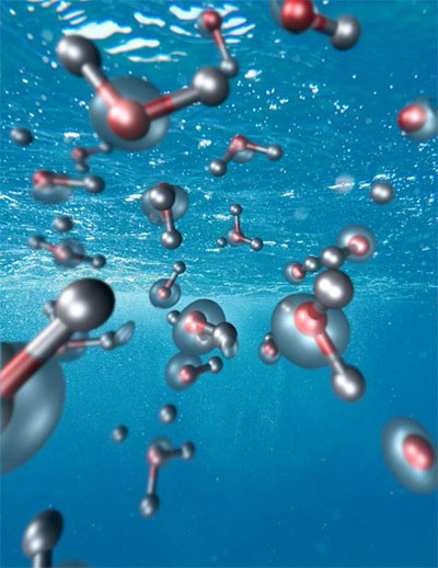 Water molecules and electron density corresponding to the exciton state resulting from photon absorption