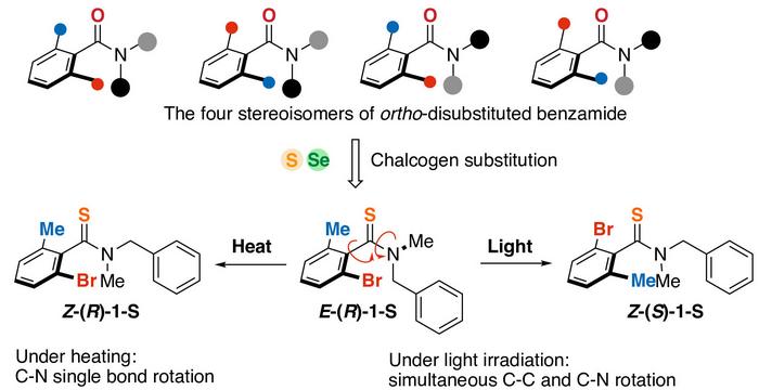 Sulfur or selenium atoms were introduced into a benzamide derivative (top). The resulting molecules underwent isomerization when exposed to light or heat