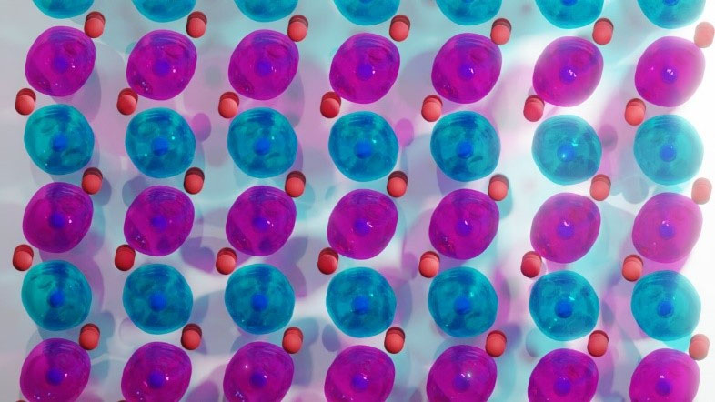The crystal structure of altermagnetic CrSb: the colored bubbles around the Cr atoms (blue) correspond to iso-spin density surfaces