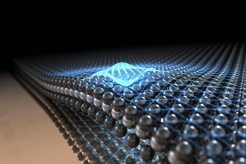 A discrete energy level of an atomic vacancy in an atomically thin material shifts upon excitation of a drum-like vibration