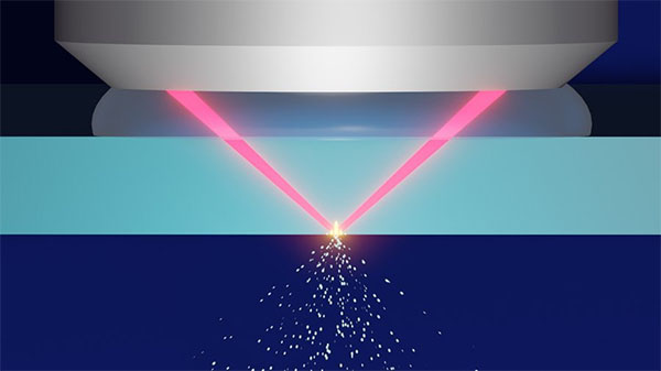 A conceptual illustration of single-shot laser processing by an annular-shaped radially polarized beam, focused on the back surface of a glass plate