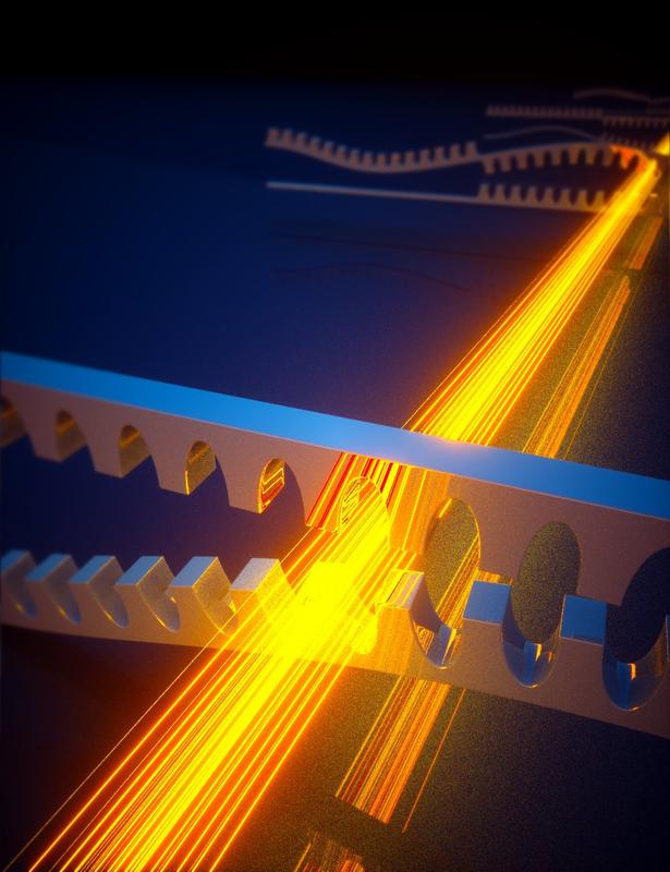 Artist impression of the bosonic Kitaev chain: multiple mechanical string resonators are linked to form a chain using light