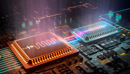 An artistic illustration shows how microscopic bolometers (depicted on the right) can be used to sense very weak radiation emitted from qubits (depicted on the left)